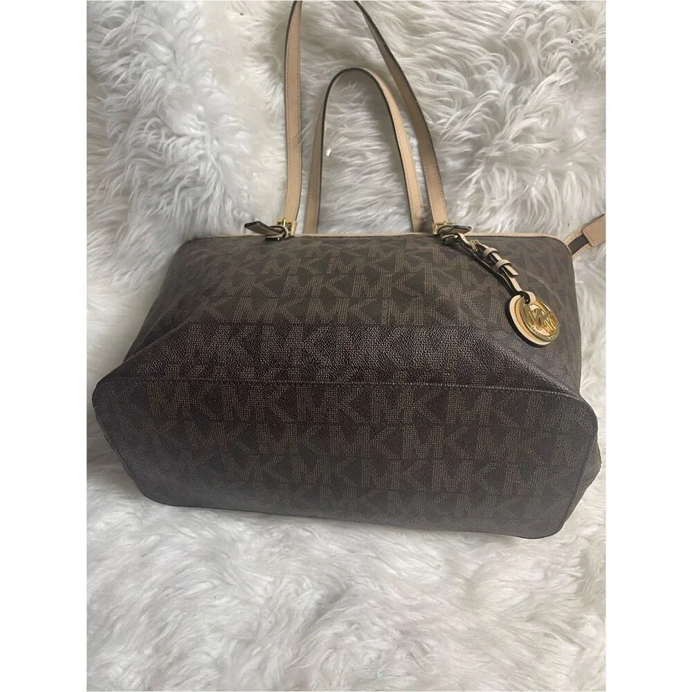 Michael Kors Brown MK Logo Tote with leather Beige Trim& straps